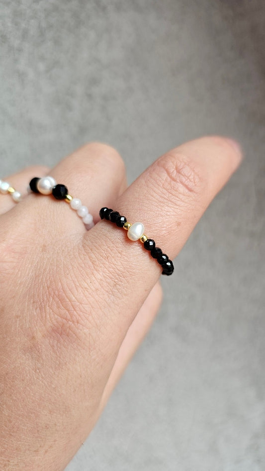 Earth & Light Elastic Ring - Black Tourmaline & Pearl - BellishEarth & Light Elastic Ring - Black Tourmaline & Pearl