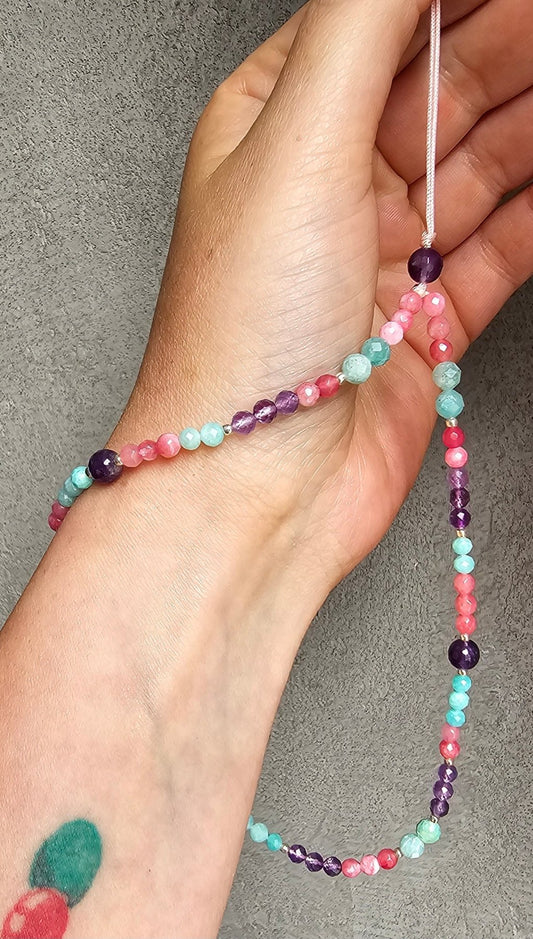 Gemstone Phone Charm – Amazonite, Chalcedony & Amethyst | 25 cm Handmade Crystal Strap - BellishGemstone Phone Charm – Amazonite, Chalcedony & Amethyst | 25 cm Handmade Crystal Strap