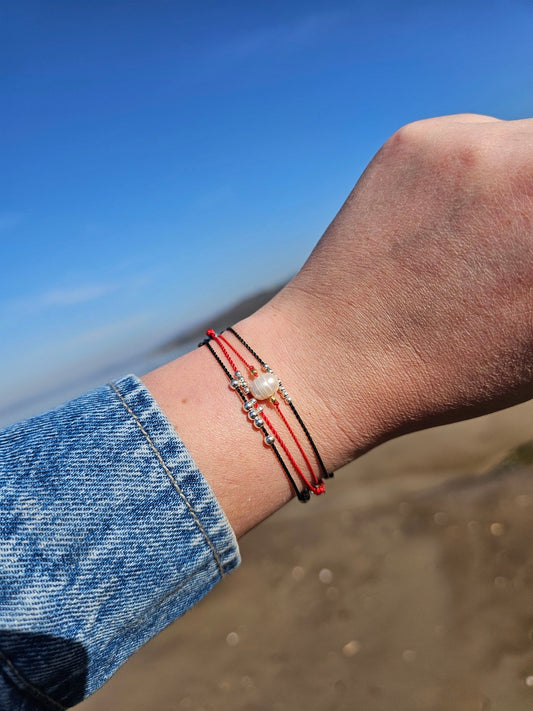 Adjustable red string bracelet with 2mm/3mm 925 sterling silver beads – handmade Irish lucky charm – protection