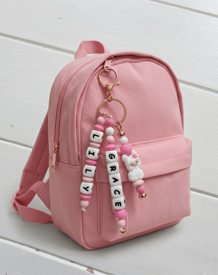 An elegant close-up of a personalized name charm held in hands against a soft, floral background. A perfect baby shower gift idea that grows with the child, transitioning from a pram accessory to a school backpack charm.