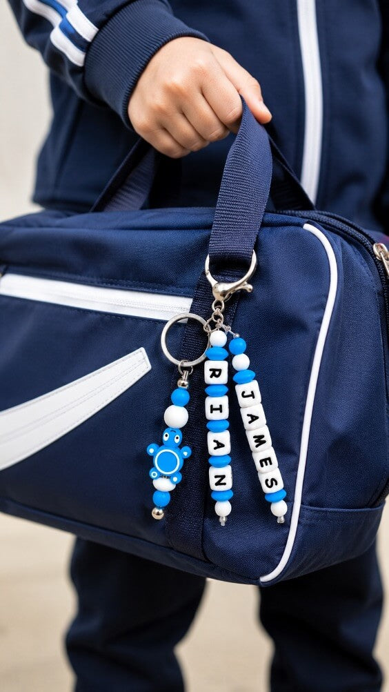 Personalized name bag charm shown on a school backpack, sports bag and house keys, helping children easily identify their belongings and avoid mix-ups.