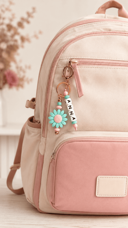 Charm attached to a backpack
Personalised pastel silicone backpack charm with custom name beads and flower detail attached to the zipper of a blush pink and beige school backpack.