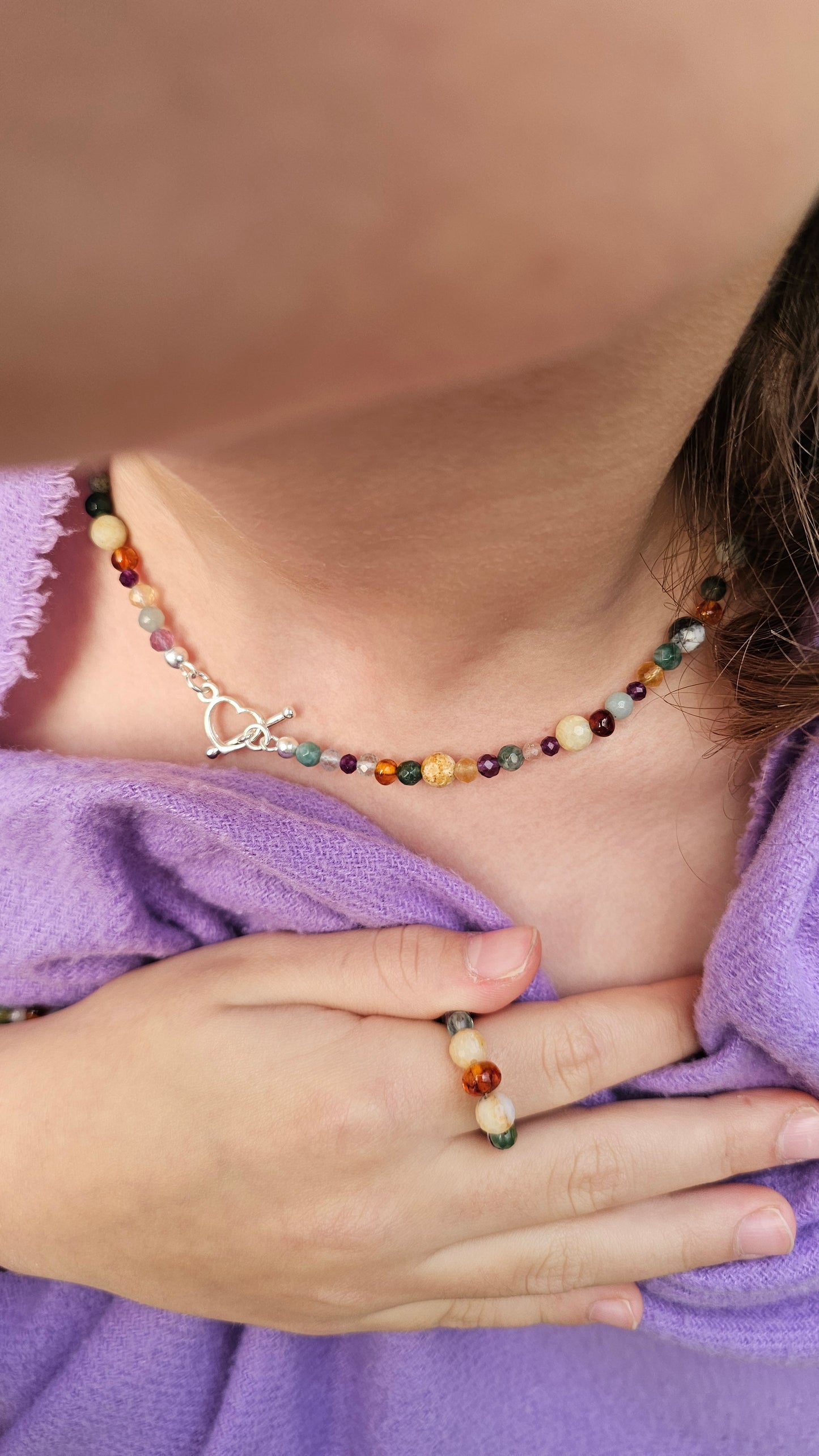 Handmade autumn gemstone choker with sterling silver heart toggle clasp.