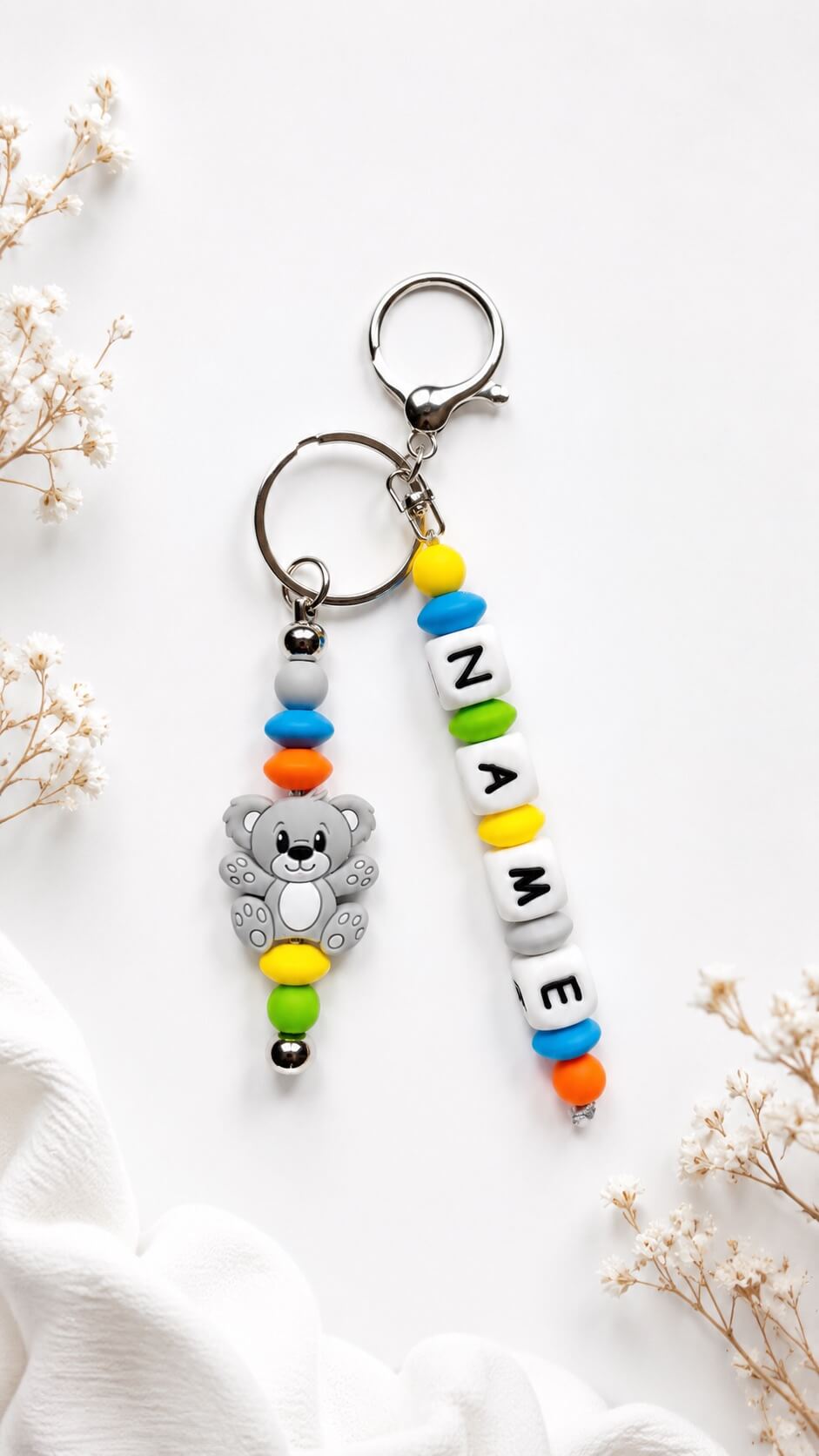 Handmade personalised silicone bag charm with name, made in Ireland
