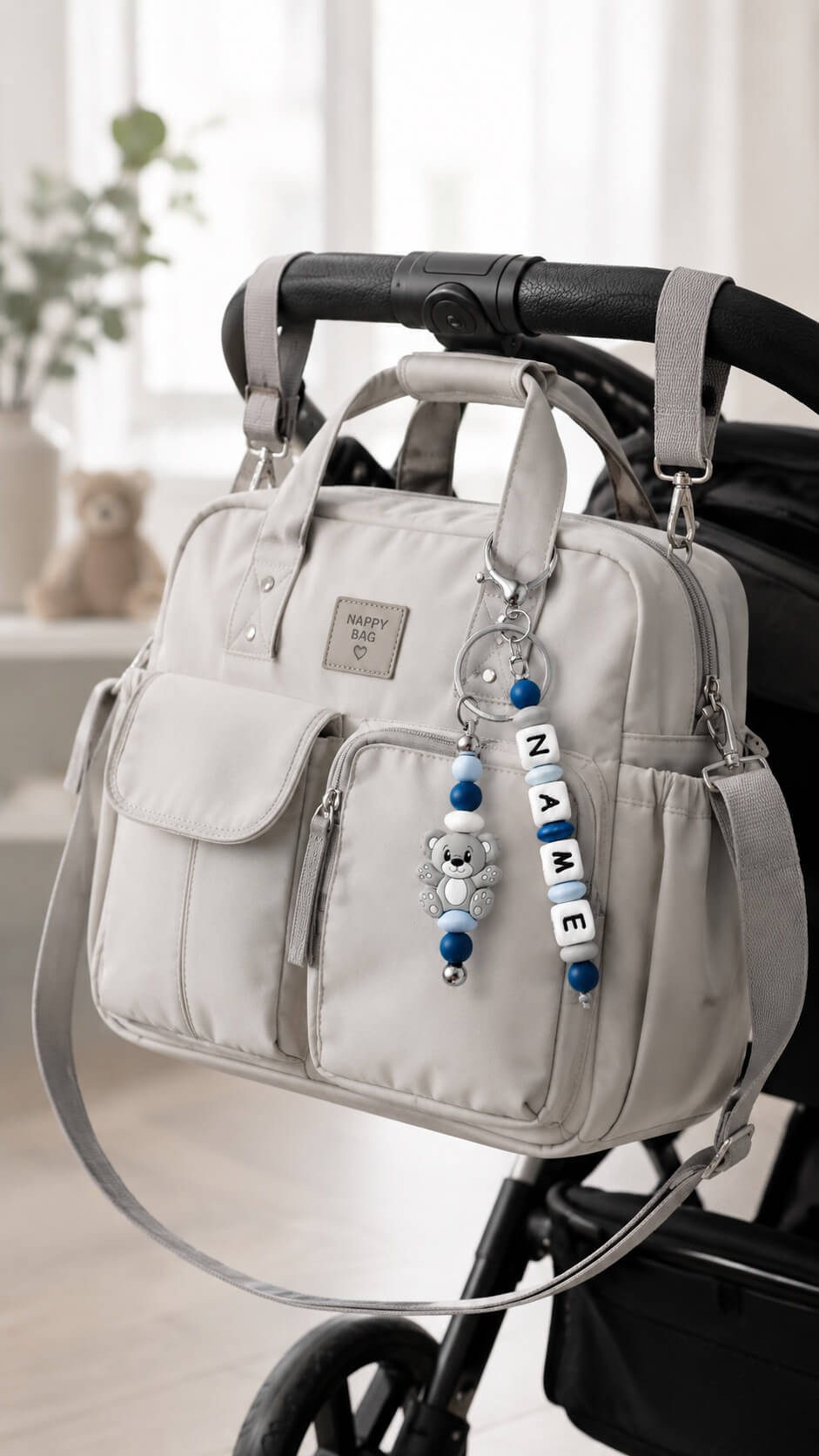 Handmade personalised silicone bag charm with name, made in Ireland
