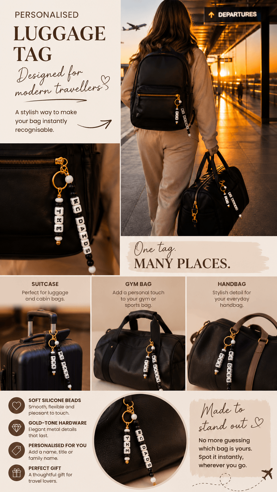 Custom family name luggage tag for suitcases, gym bags, backpacks and travel bags, personalised with a surname or title.