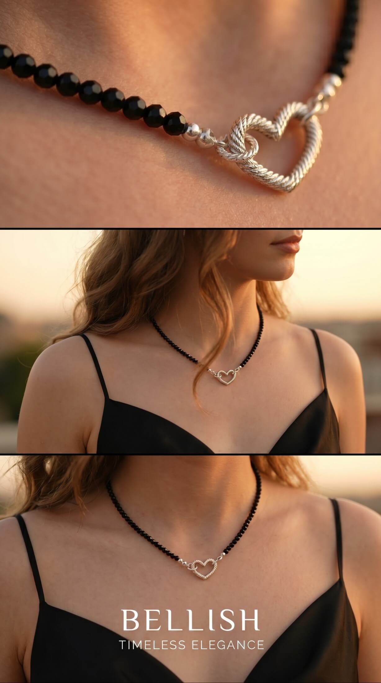 A woman wearing a delicate black tourmaline protection necklace with the silver heart pendant styled at the front.