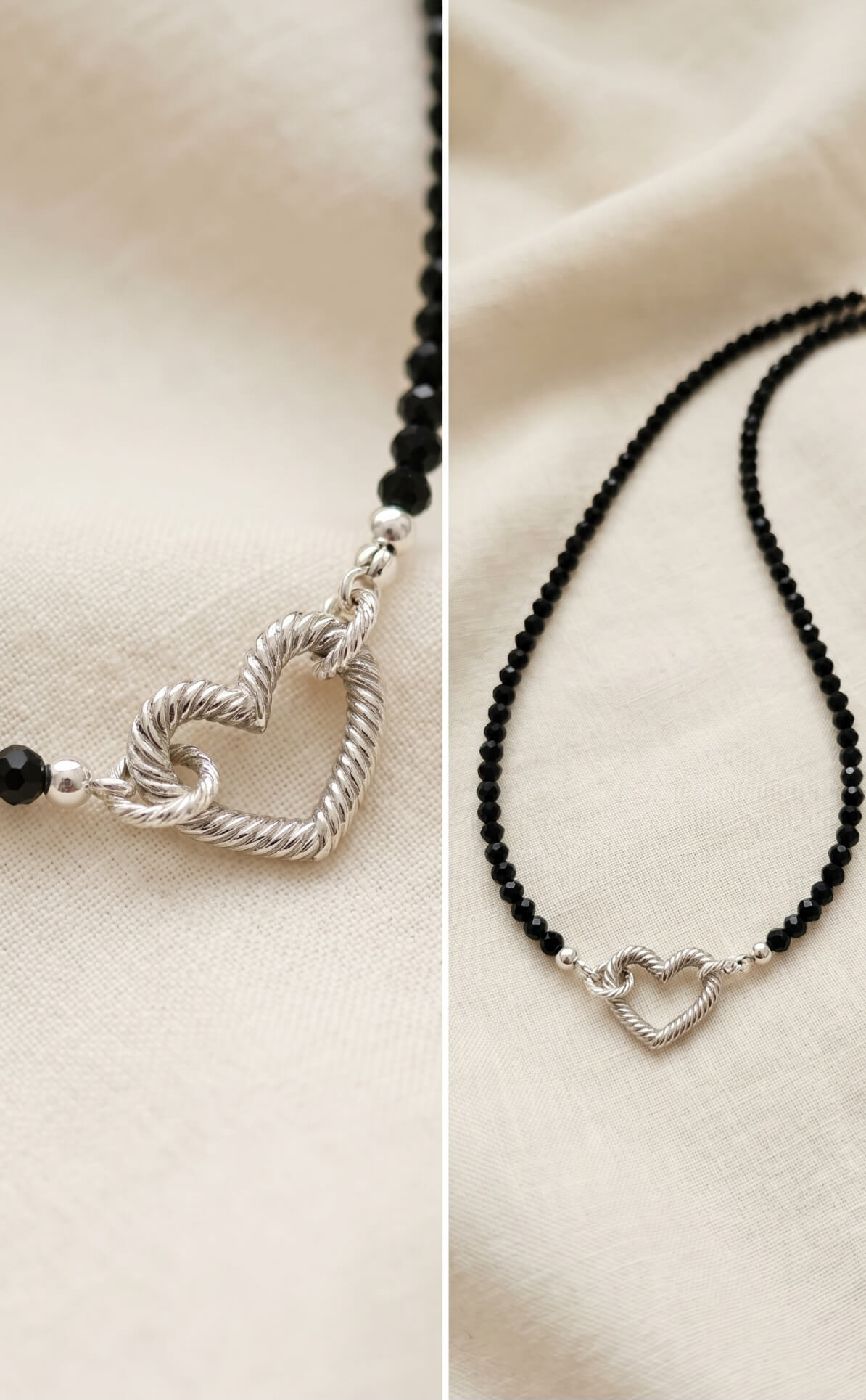 A woman wearing a delicate black tourmaline protection necklace with the silver heart pendant styled at the front.