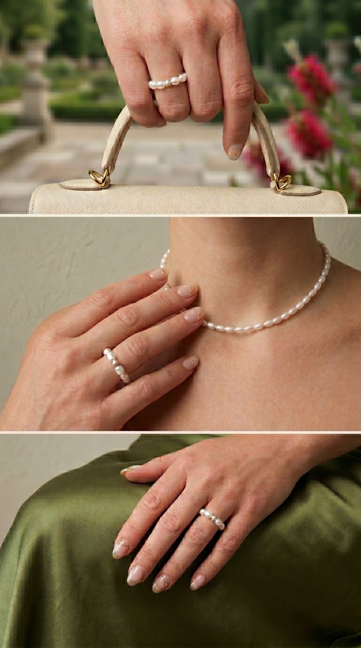 A close-up shot of the Timeless Rice Pearl Elastic Ring, featuring genuine, lustrous white rice-shaped freshwater pearls and a sparkling diamond-cut 925 sterling silver bead.