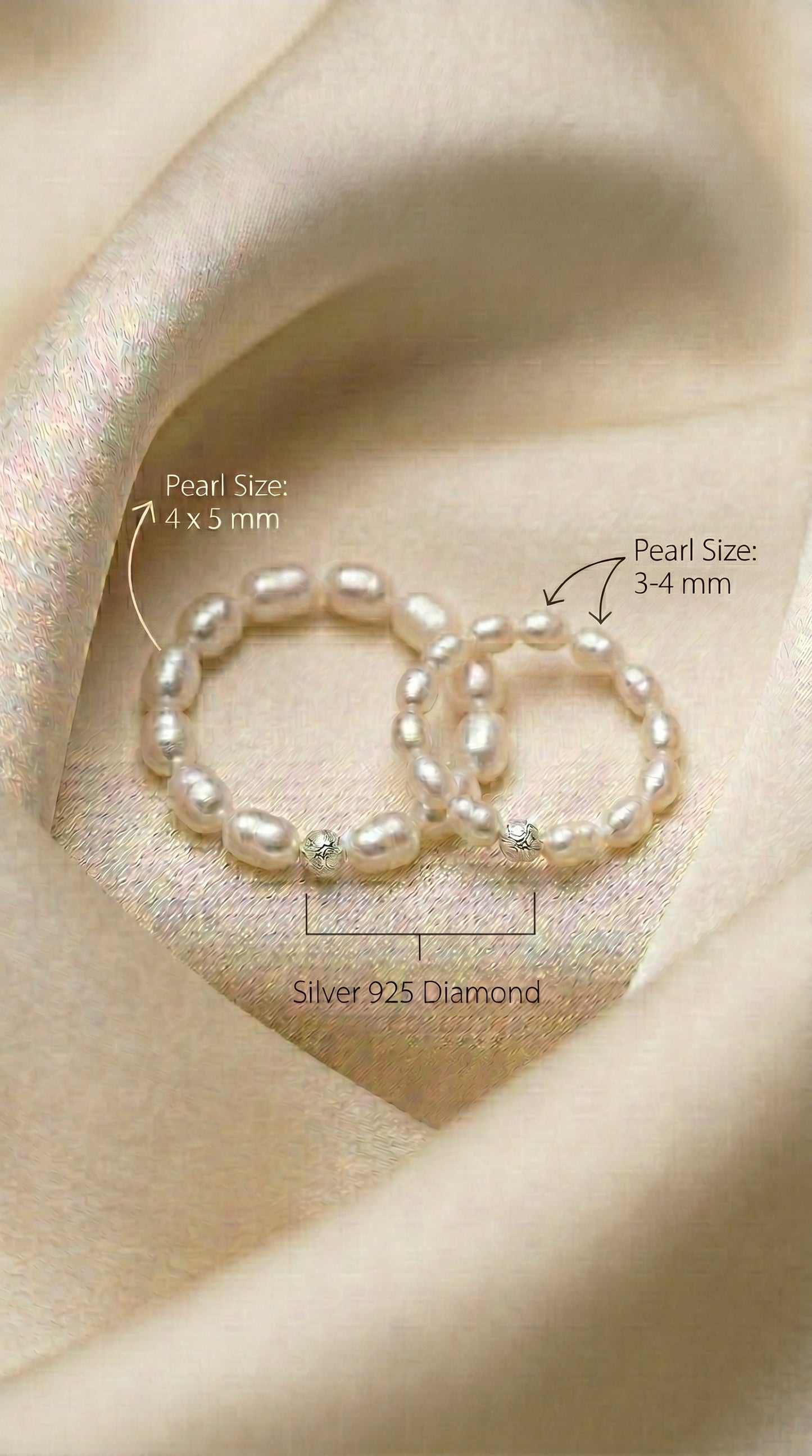 A close-up shot of the Timeless Rice Pearl Elastic Ring, featuring genuine, lustrous white rice-shaped freshwater pearls and a sparkling diamond-cut 925 sterling silver bead.