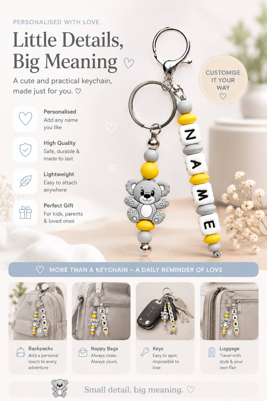 Personalised name charm with silicone beads for mums, babies and children
