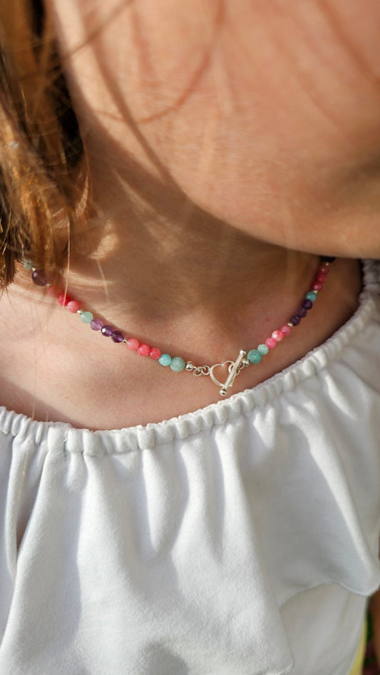 Amazonite, Amethyst & Pink Chalcedony Choker – Sterling Silver Heart Clasp - BellishAmazonite, Amethyst & Pink Chalcedony Choker – Sterling Silver Heart Clasp
