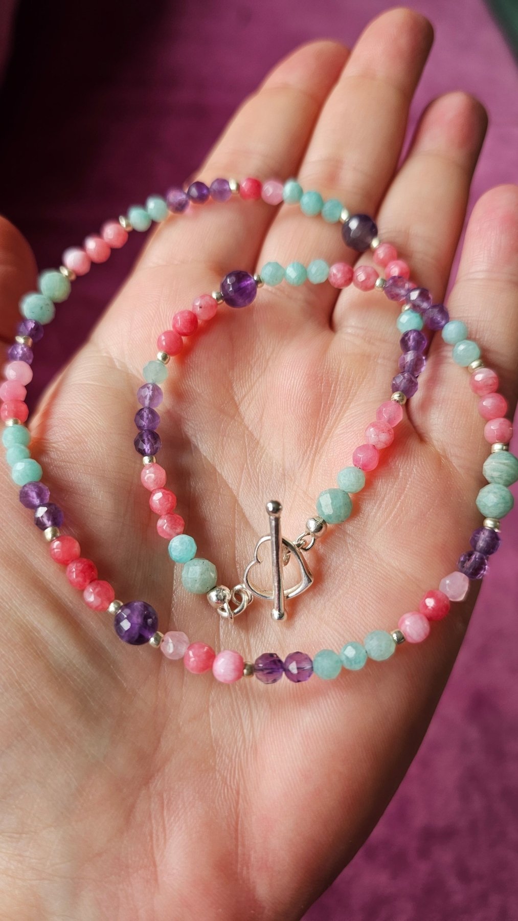 Amazonite, Amethyst & Pink Chalcedony Choker – Sterling Silver Heart Clasp - BellishAmazonite, Amethyst & Pink Chalcedony Choker – Sterling Silver Heart Clasp