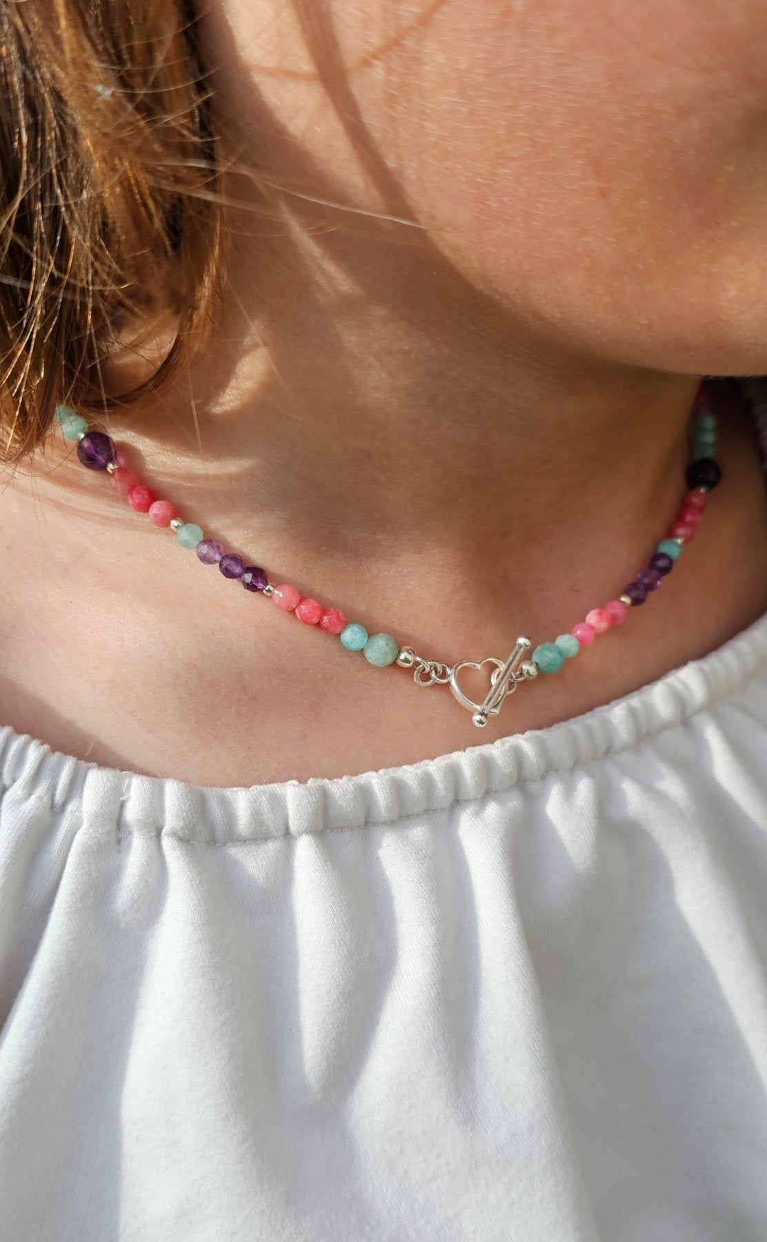 Amazonite, Amethyst & Pink Chalcedony Choker – Sterling Silver Heart Clasp - BellishAmazonite, Amethyst & Pink Chalcedony Choker – Sterling Silver Heart Clasp