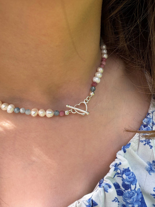 Aquamarine & Rhodonite Pearl Choker – 925 Silver Heart Clasp - BellishAquamarine & Rhodonite Pearl Choker – 925 Silver Heart Clasp