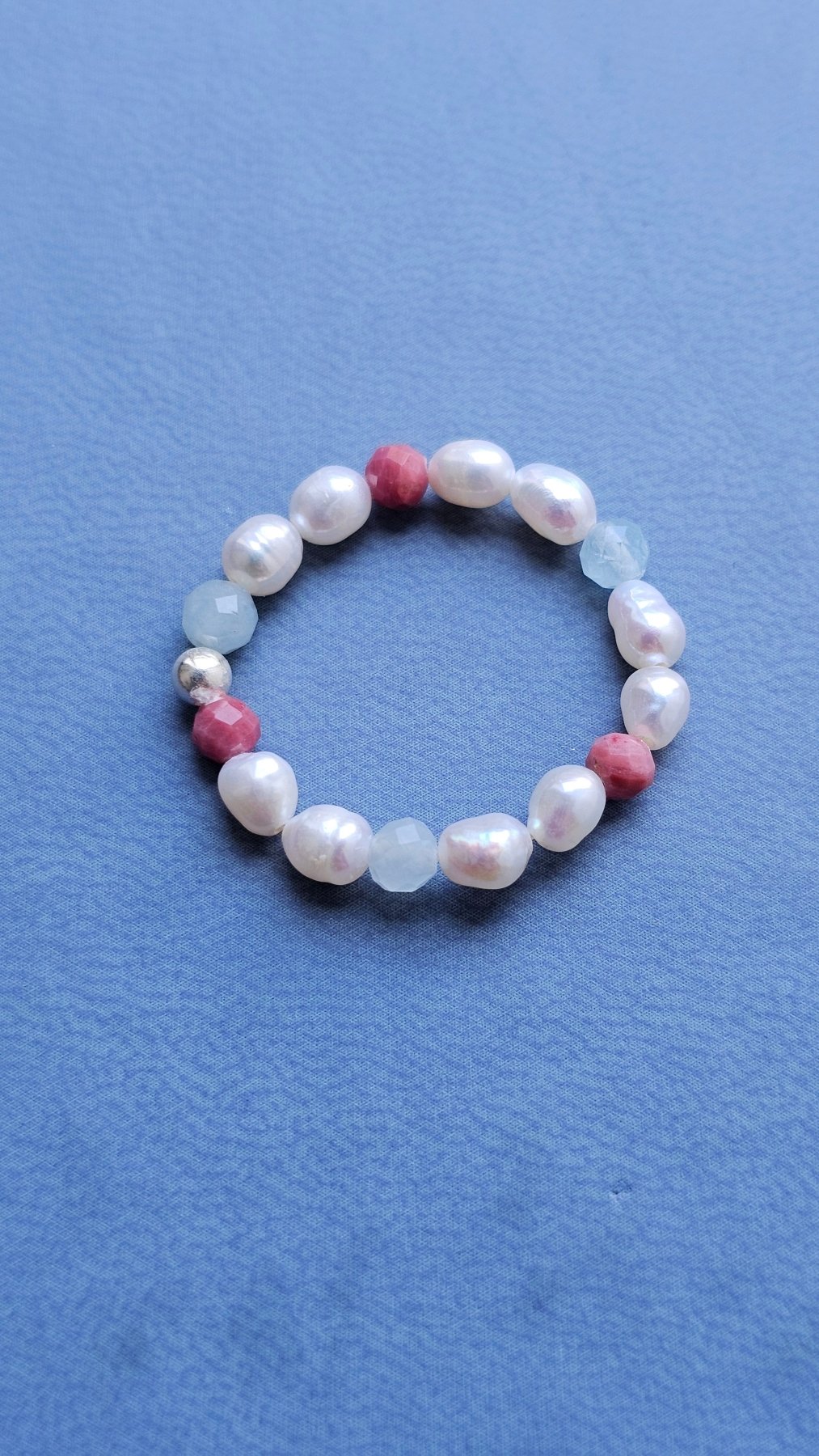 Aurora Ring – Handmade Aquamarine, Rhodonite & Pearl Elastic Ring with 925 Silver Accent - BellishAurora Ring – Handmade Aquamarine, Rhodonite & Pearl Elastic Ring with 925 Silver Accent