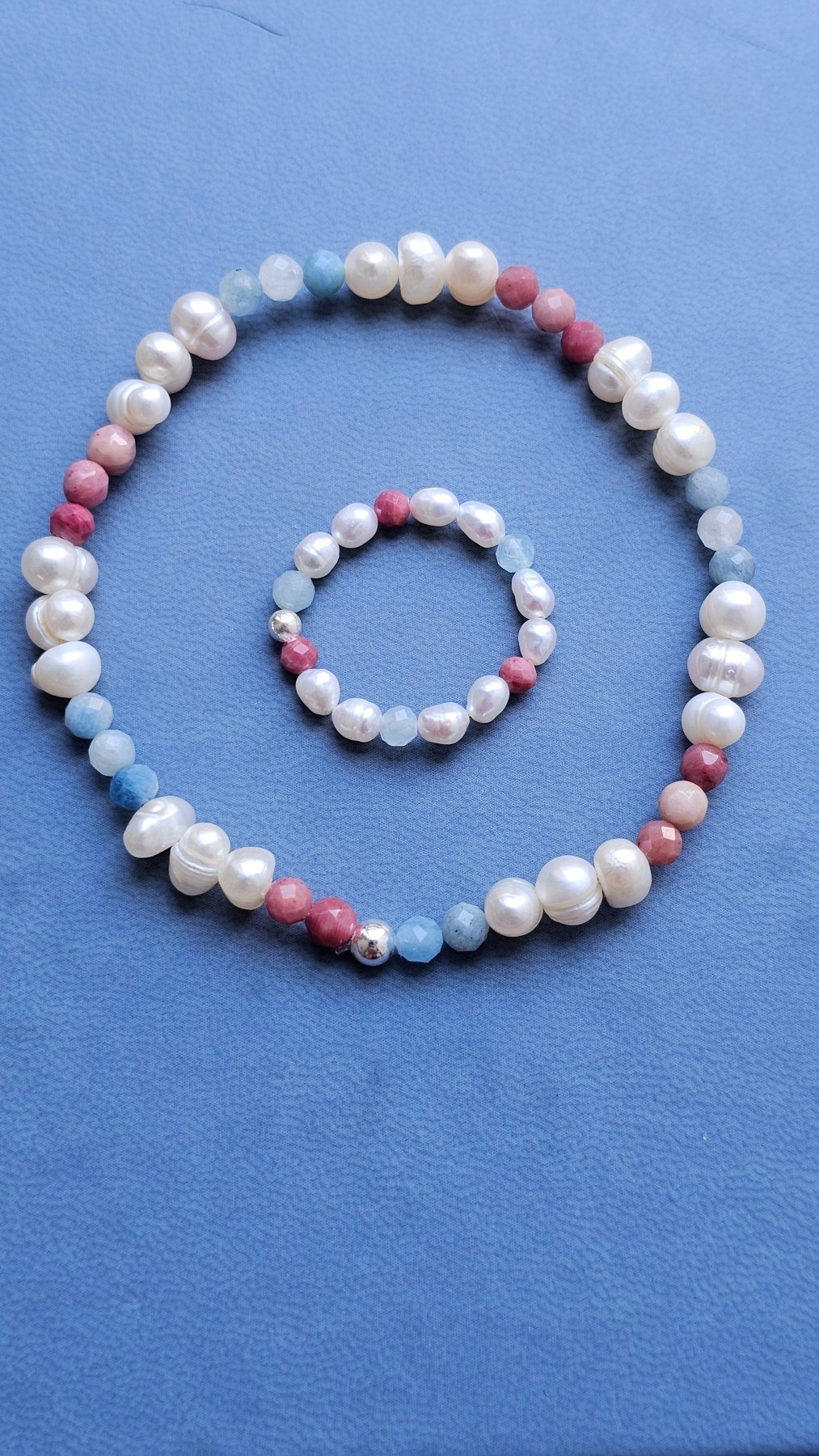 Aurora Ring – Handmade Aquamarine, Rhodonite & Pearl Elastic Ring with 925 Silver Accent - BellishAurora Ring – Handmade Aquamarine, Rhodonite & Pearl Elastic Ring with 925 Silver Accent