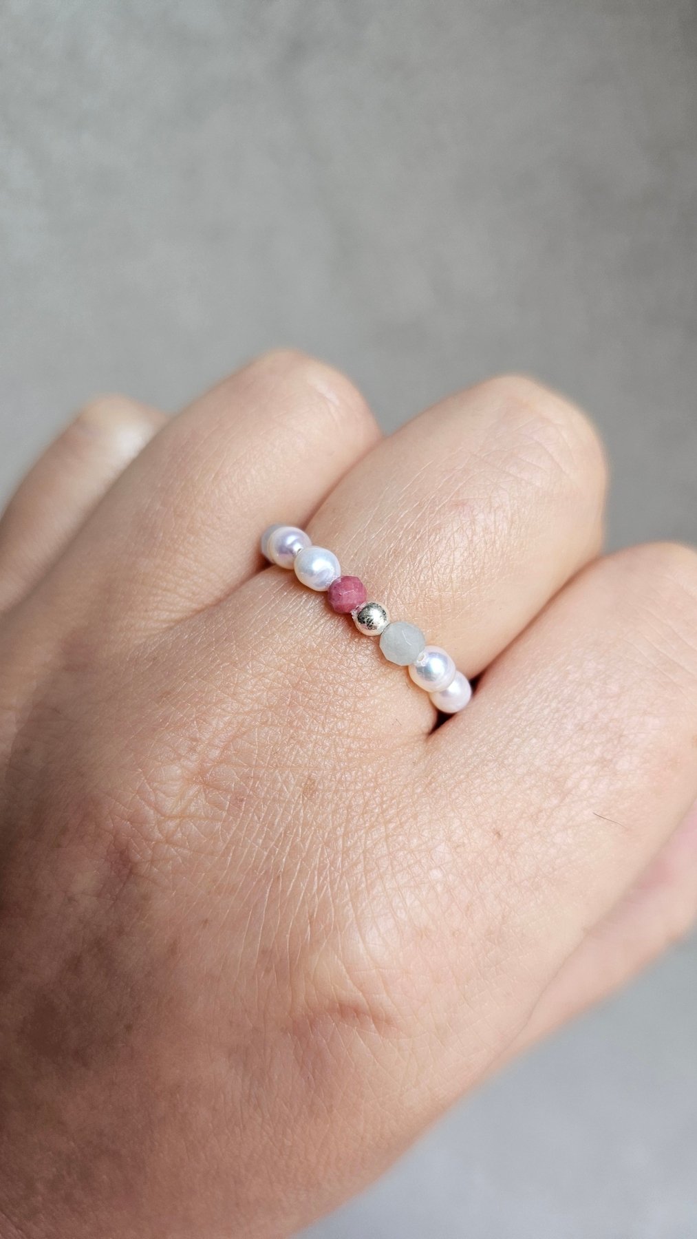 Aurora Ring – Handmade Aquamarine, Rhodonite & Pearl Elastic Ring with 925 Silver Accent - BellishAurora Ring – Handmade Aquamarine, Rhodonite & Pearl Elastic Ring with 925 Silver Accent