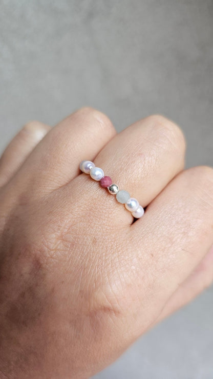 Aurora Ring – Handmade Aquamarine, Rhodonite & Pearl Elastic Ring with 925 Silver Accent - BellishAurora Ring – Handmade Aquamarine, Rhodonite & Pearl Elastic Ring with 925 Silver Accent