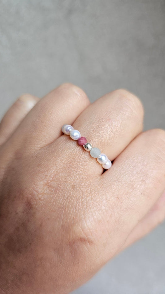 Aurora Ring – Handmade Aquamarine, Rhodonite & Pearl Elastic Ring with 925 Silver Accent - BellishAurora Ring – Handmade Aquamarine, Rhodonite & Pearl Elastic Ring with 925 Silver Accent