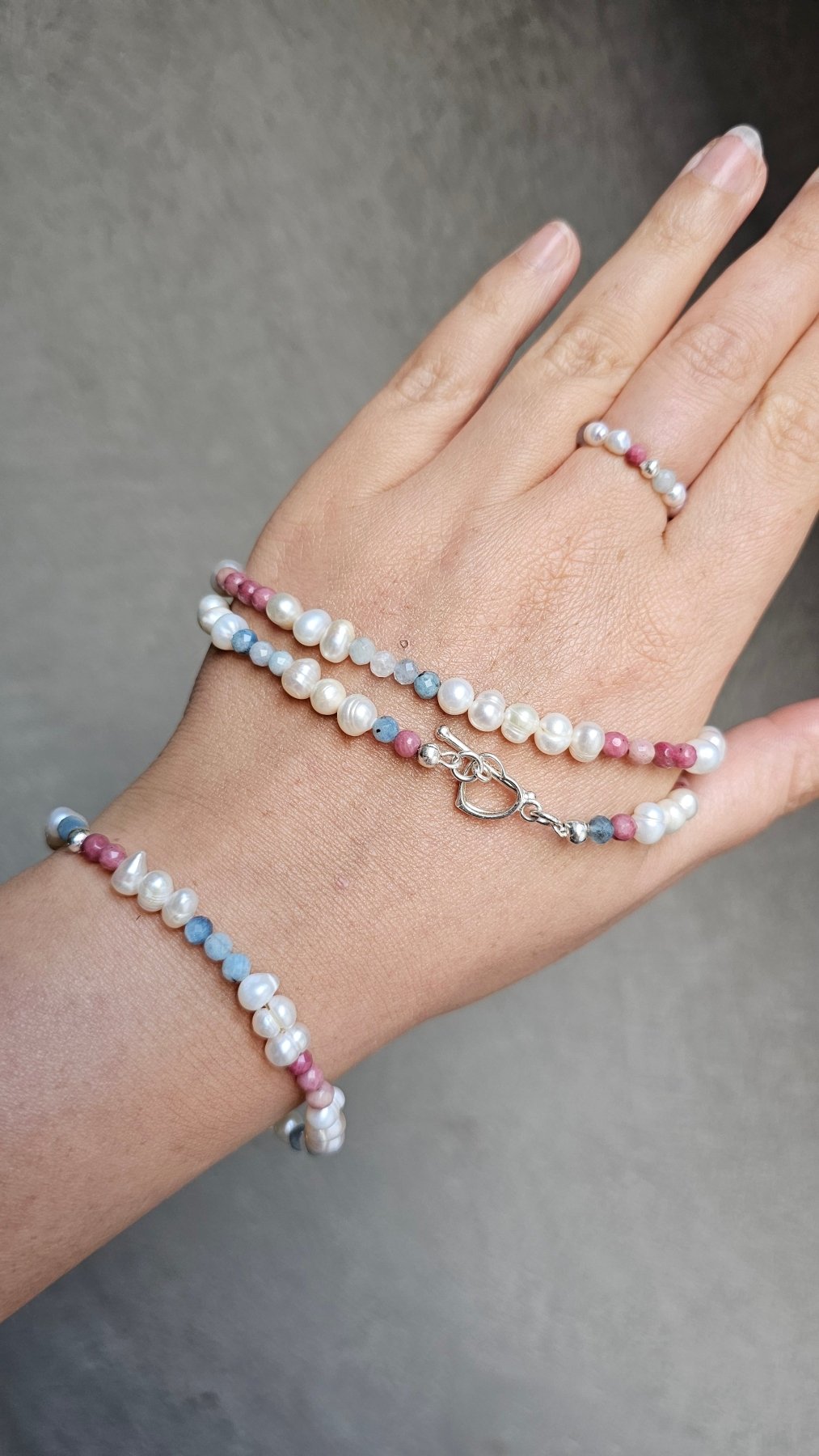 Aurora Ring – Handmade Aquamarine, Rhodonite & Pearl Elastic Ring with 925 Silver Accent - BellishAurora Ring – Handmade Aquamarine, Rhodonite & Pearl Elastic Ring with 925 Silver Accent