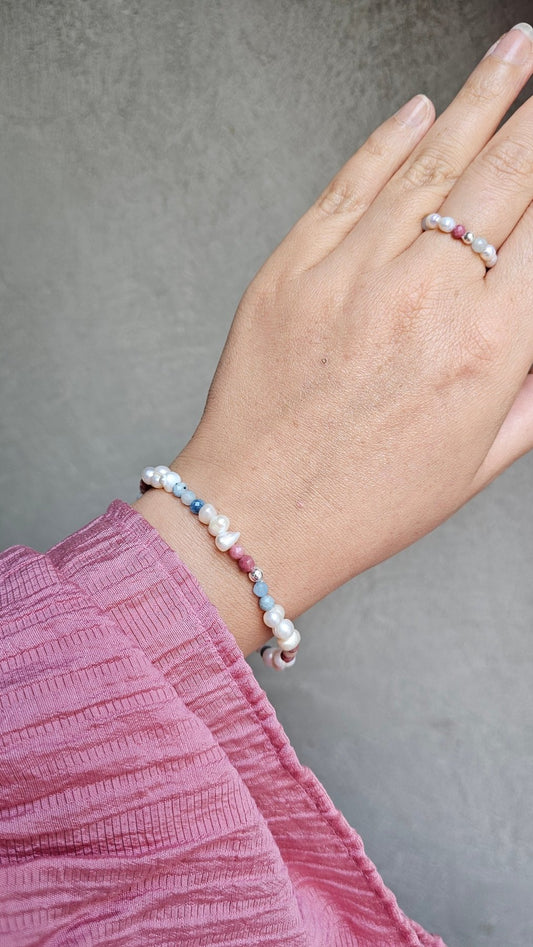 Aurora Ring – Handmade Aquamarine, Rhodonite & Pearl Elastic Ring with 925 Silver Accent - BellishAurora Ring – Handmade Aquamarine, Rhodonite & Pearl Elastic Ring with 925 Silver Accent