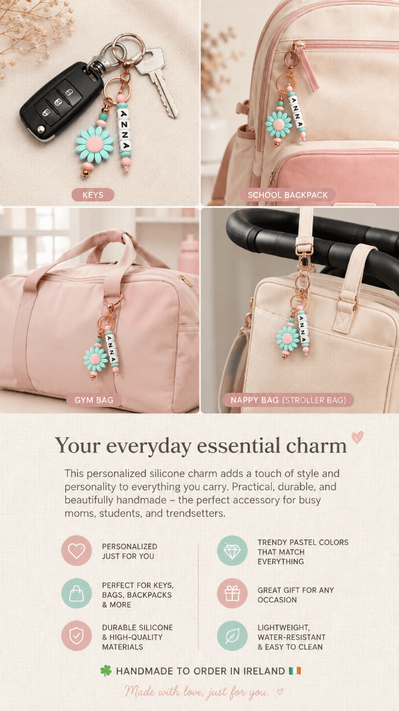 Four-use lifestyle collage
Personalised silicone name charm shown attached to car keys, a school backpack, a pink gym bag and a beige nappy bag hanging from a stroller, demonstrating its versatile everyday use.