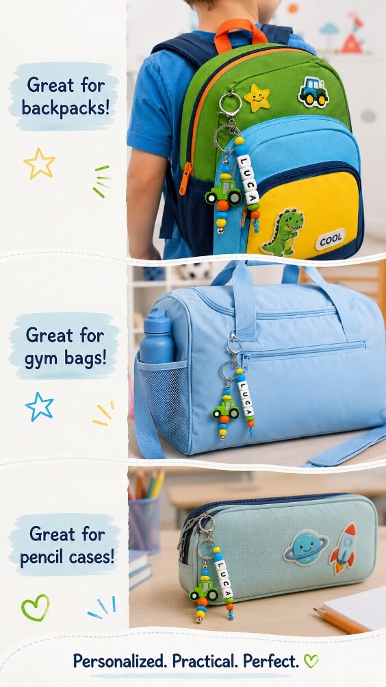 Personalised tractor name charm attached to a child's school backpack for easy identification
