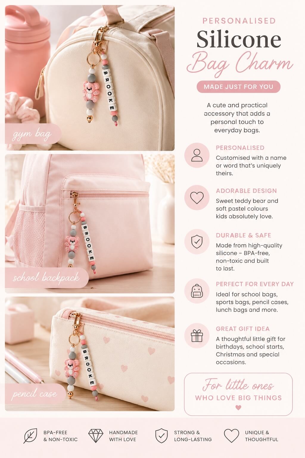 Cute pastel beaded keychain with teddy bear charm and personalised name
