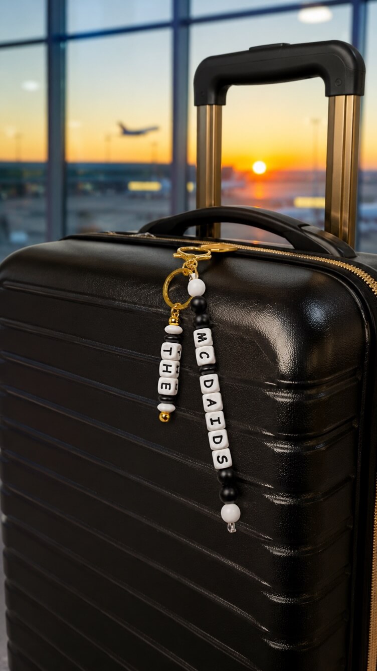 Personalised black and white silicone bead luggage tag with gold-tone hardware attached to a suitcase, custom family name travel accessory.
