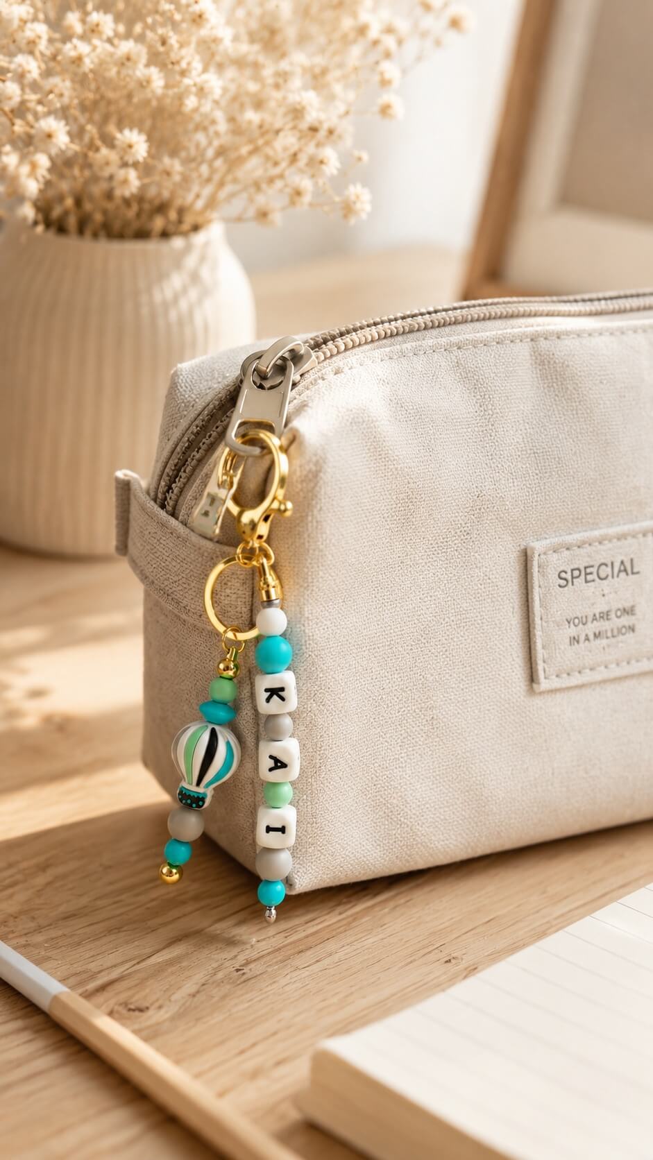 Personalised beaded keychain in turquoise, mint, white and gold hanging from a neutral sports bag outdoors.
