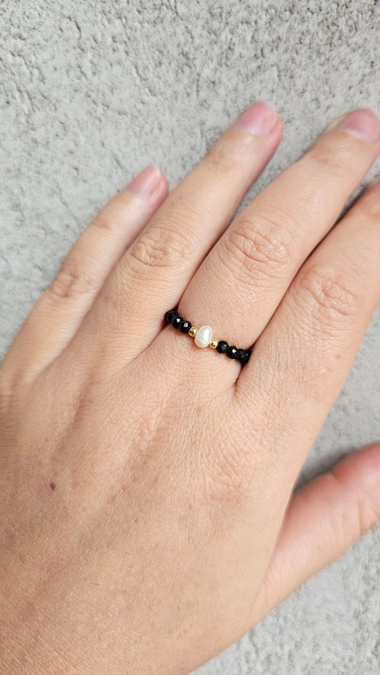 Earth & Light Elastic Ring - Black Tourmaline & Pearl - BellishEarth & Light Elastic Ring - Black Tourmaline & Pearl