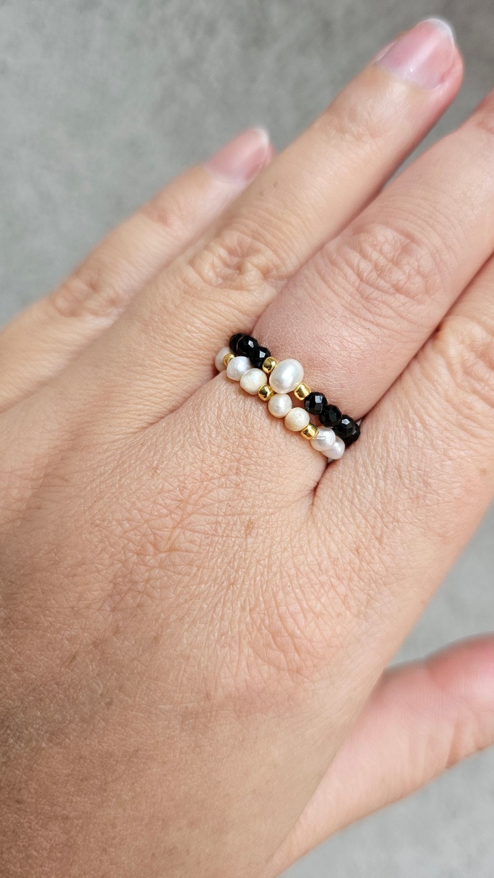 Earth & Light Elastic Ring - Black Tourmaline & Pearl - BellishEarth & Light Elastic Ring - Black Tourmaline & Pearl