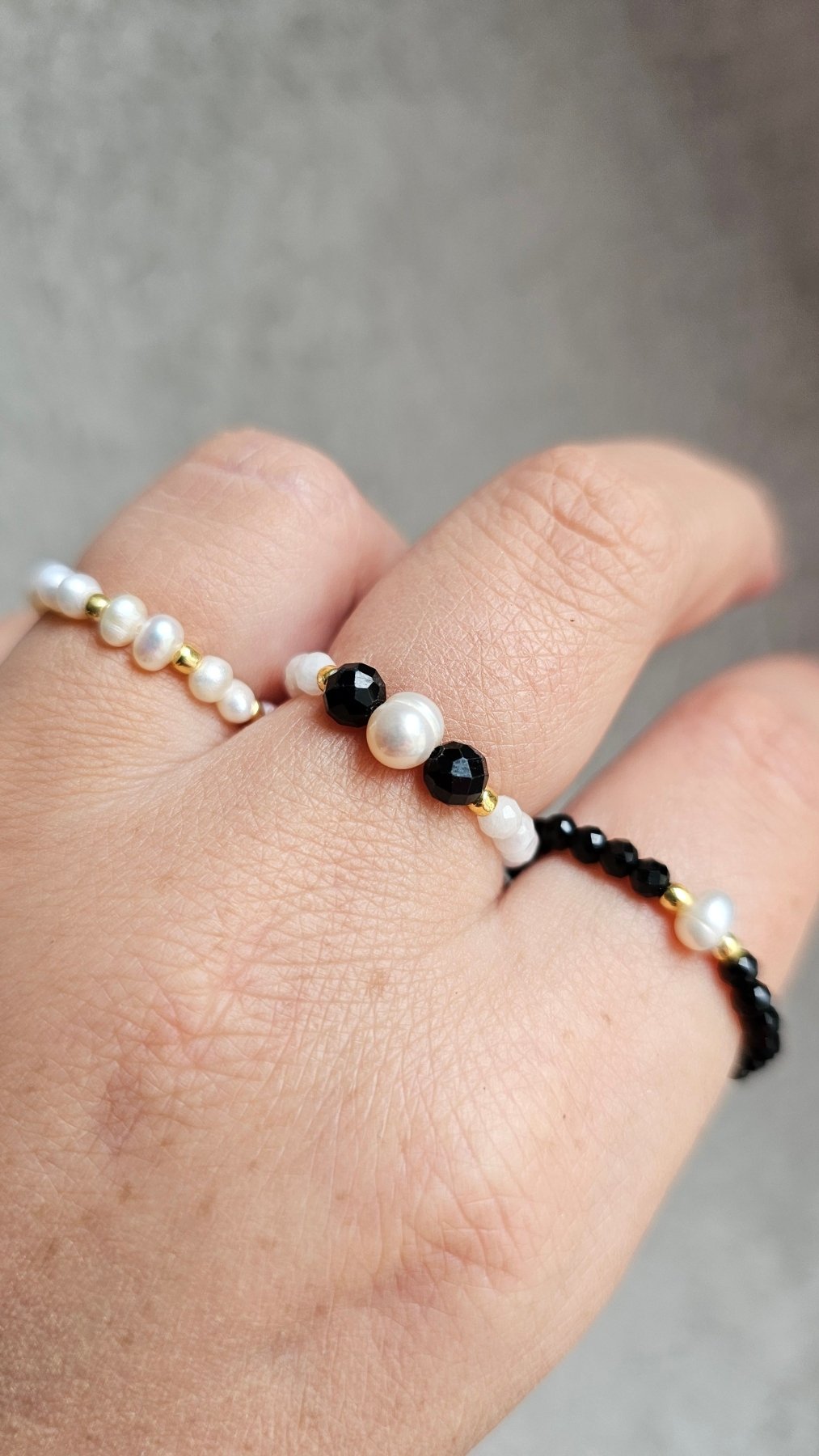 Earth & Light Elastic Ring - Black Tourmaline & Pearl - BellishEarth & Light Elastic Ring - Black Tourmaline & Pearl