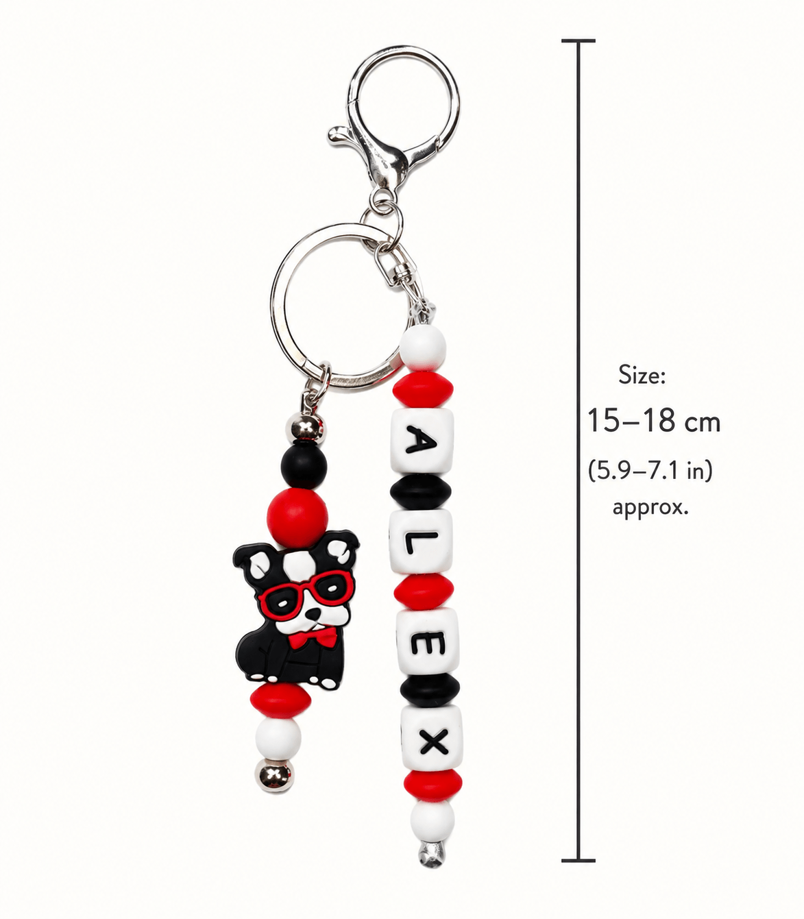 Colourful handmade keychain with red, black and white beads and dog charm for bags and keys