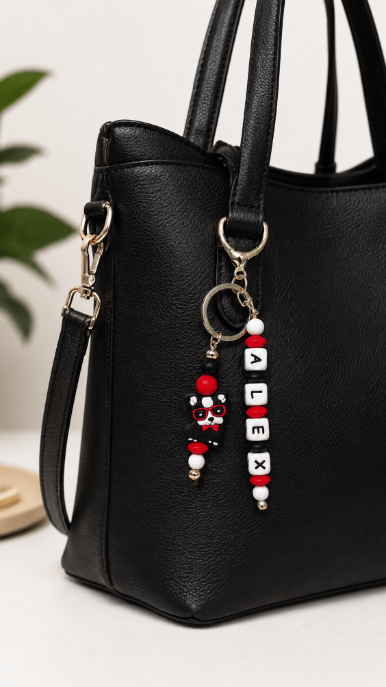 Colourful handmade keychain with red, black and white beads and dog charm for bags and keys
