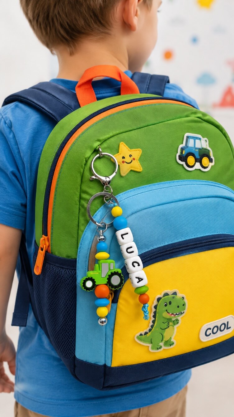 Colourful personalised name tag with tractor charm attached to a pencil case or school bag zip
