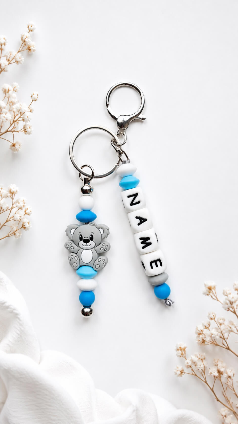 Personalised name charm with silicone beads for mums, babies and children
