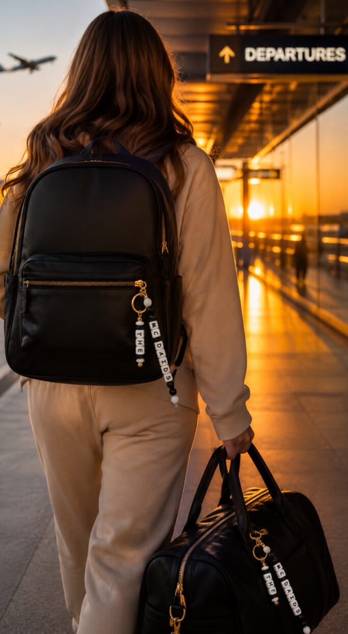Custom family name luggage tag for suitcases, gym bags, backpacks and travel bags, personalised with a surname or title.