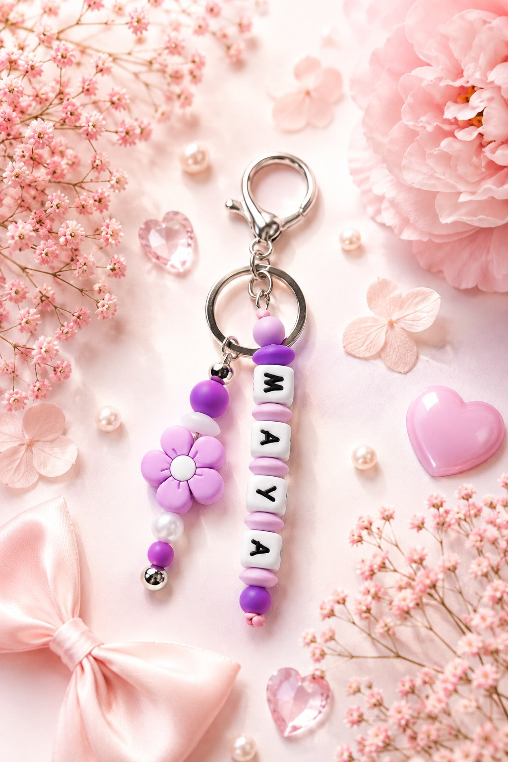 Personalised name bag charm made with soft silicone beads, clipped to a children's school backpack, perfect for identifying their bag at school.
