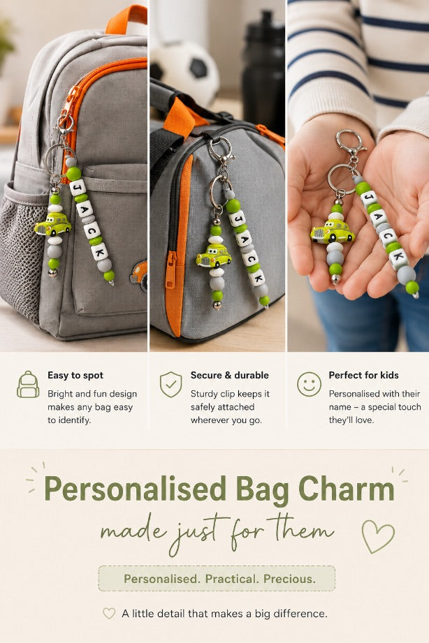 Personalised bag charm for children featuring colourful name beads and a playful car charm. Perfect for attaching to school backpacks, sports bags, nursery bags or everyday bags. A fun and practical personalised accessory that helps children easily recognise their bag.