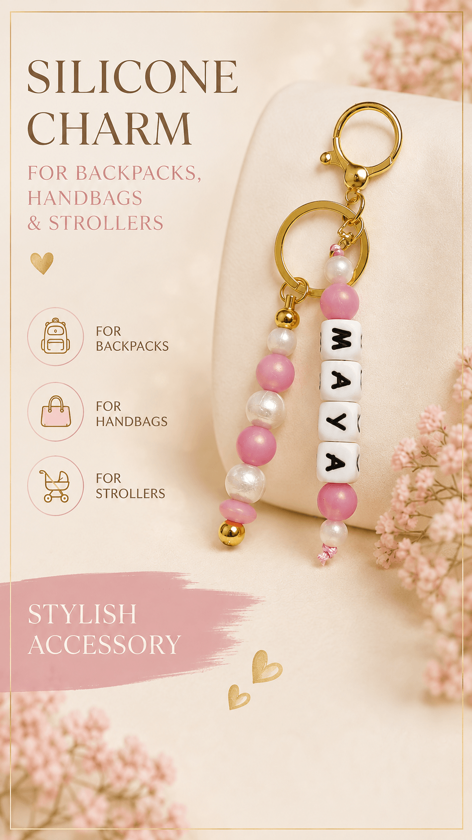 Handmade silicone bag charm with pearl and blush pink beads, displayed beautifully on natural beige linen.