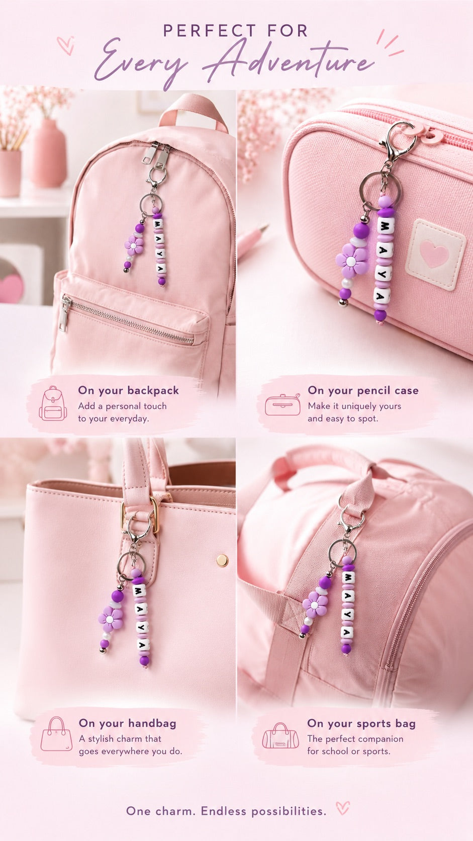 Personalised silicone backpack charm with custom name beads, pastel colours and flower detail, handmade in Ireland and attached to a school bag.
