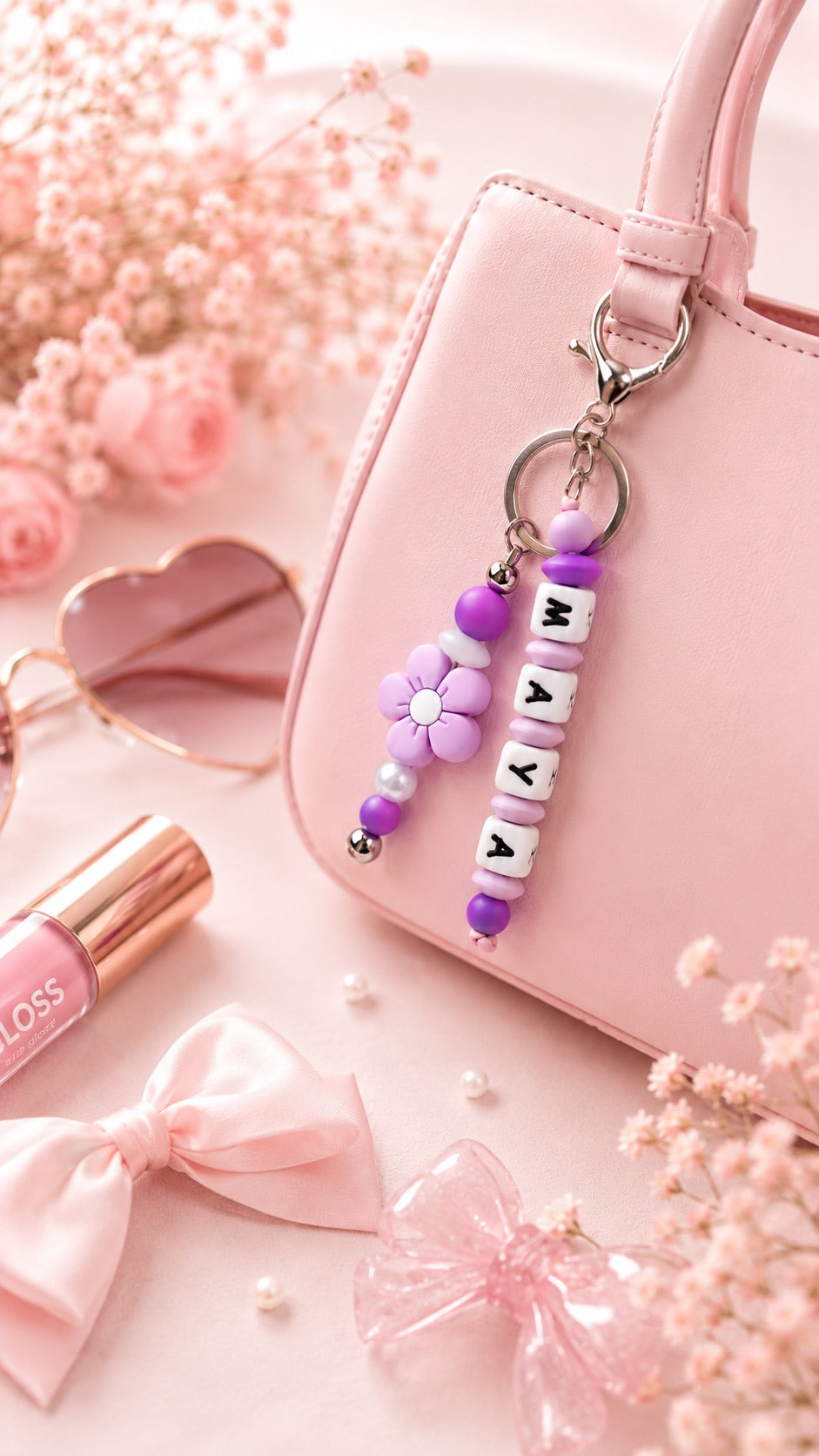 Personalised name bag charm made with soft silicone beads, clipped to a children's school backpack, perfect for identifying their bag at school.
