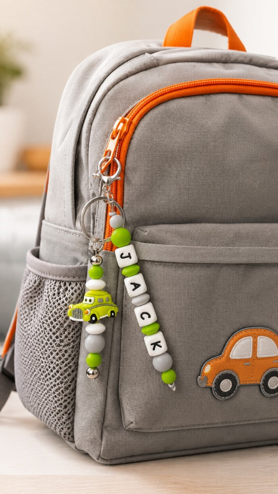 Personalised bag charm for children with name beads, car charm and secure clip for backpack or sports bag
