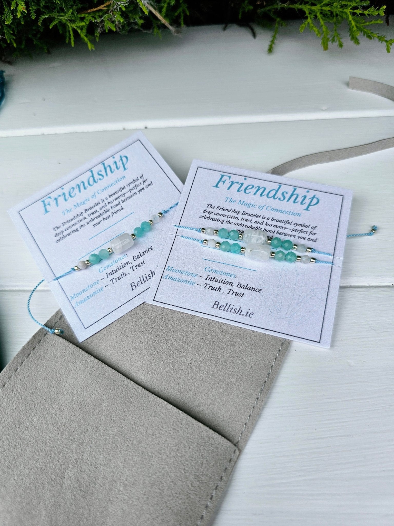 Handmade Friends Forever bracelet with Moonstone and Amazonite – a meaningful crystal gift for best friend. Features sterling silver adjustable clasp, soft durable cord, and elegant gift pouch. Symbol of trust, love, harmony and emotional connection.