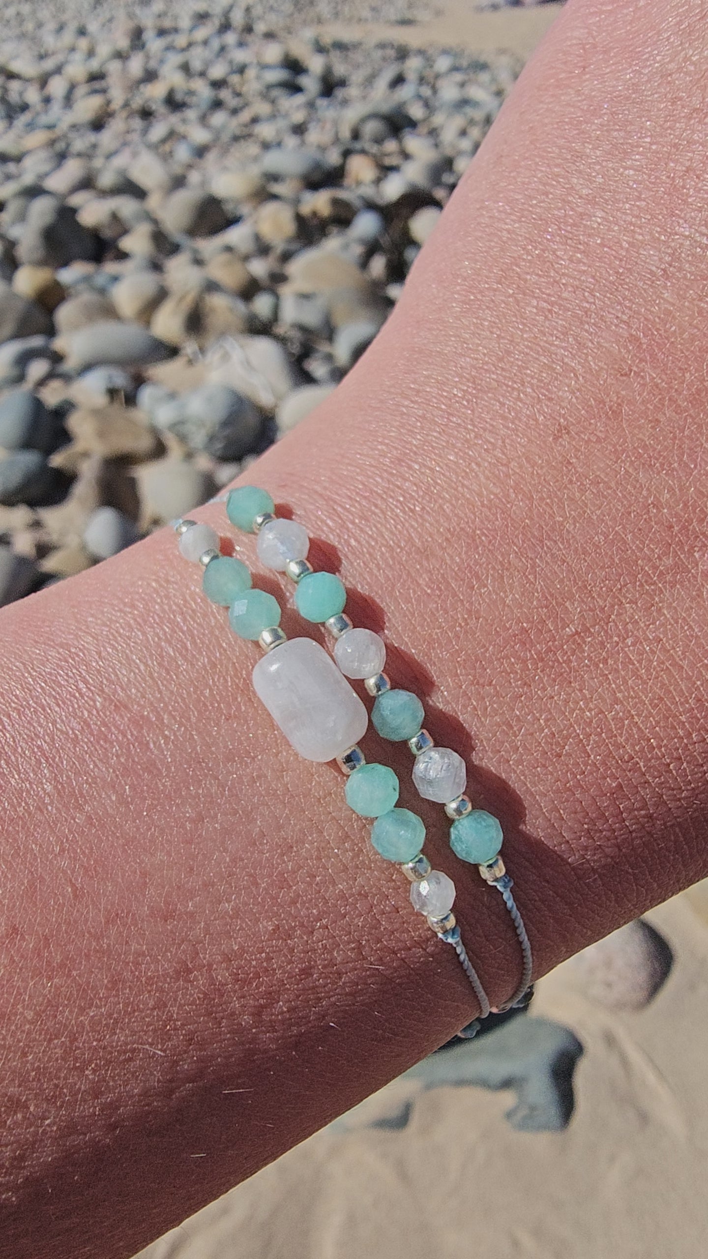 Handmade Friends Forever bracelet with Moonstone and Amazonite – a meaningful crystal gift for best friend. Features sterling silver adjustable clasp, soft durable cord, and elegant gift pouch. Symbol of trust, love, harmony and emotional connection.