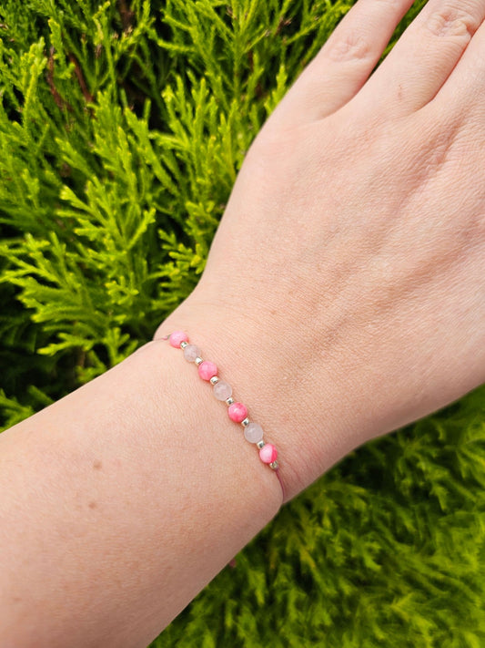 Handmade quartz and chalcedony bracelet with sterling silver beads. Natural gemstone jewelry for calm, balance & clarity. Adjustable cord, crafted in Ireland.